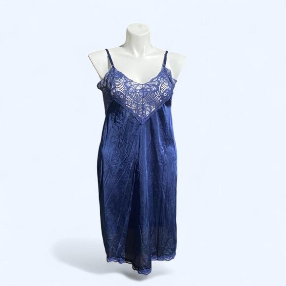 80s Vintage Navy Blue Slip Dress w/ Lace Top and Adjustable Straps - Picture 1 of 7